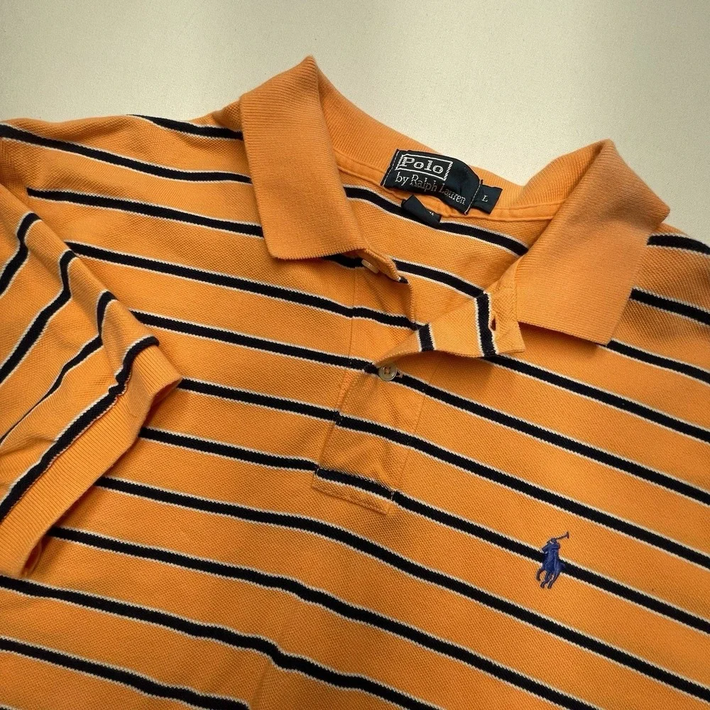 Vintage Polo Ralph Lauren Polo Large Orange & Blue Striped Short Sleeve Flaw